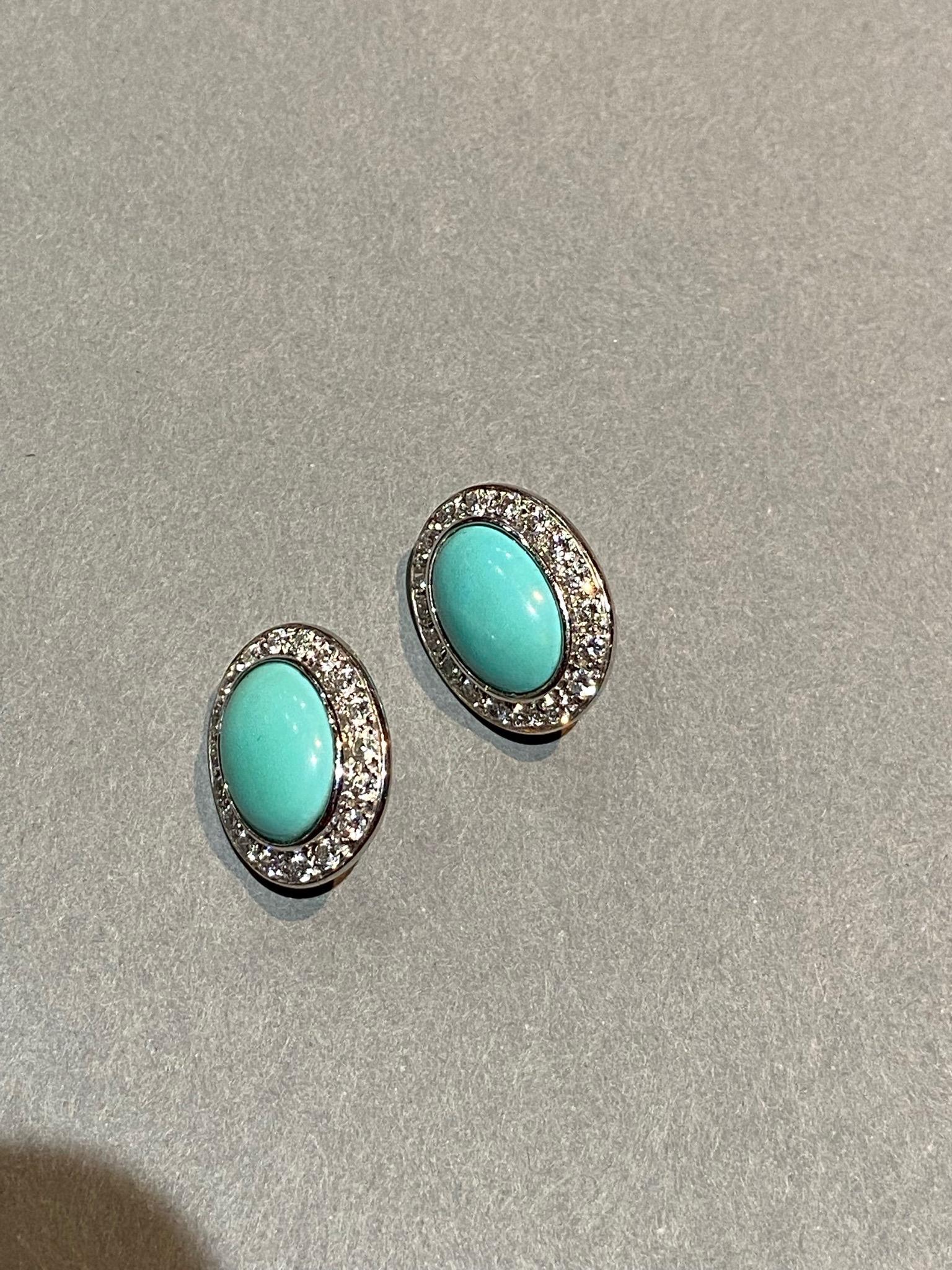 Round Cut Turquoises and Diamonds Earrings Mounted on White Gold