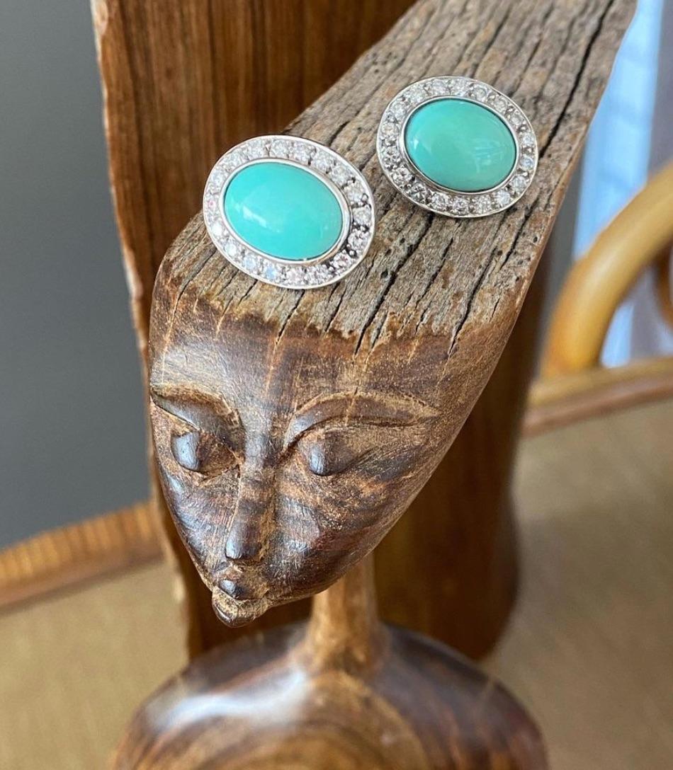 Turquoises and Diamonds Earrings Mounted on White Gold 2