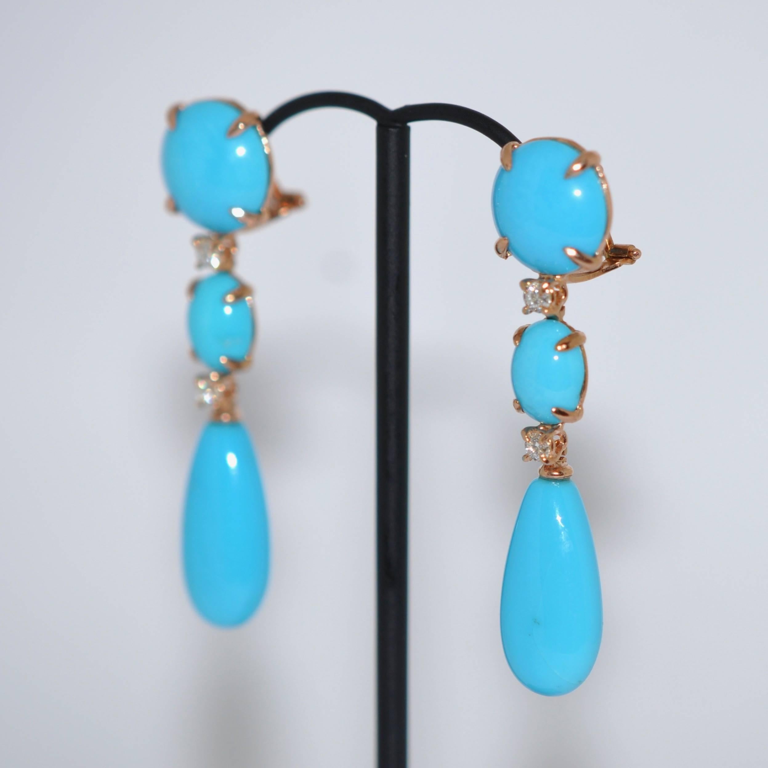 Turquoises and Diamonds Rose Gold Chandelier Earrings In New Condition In Vannes, FR