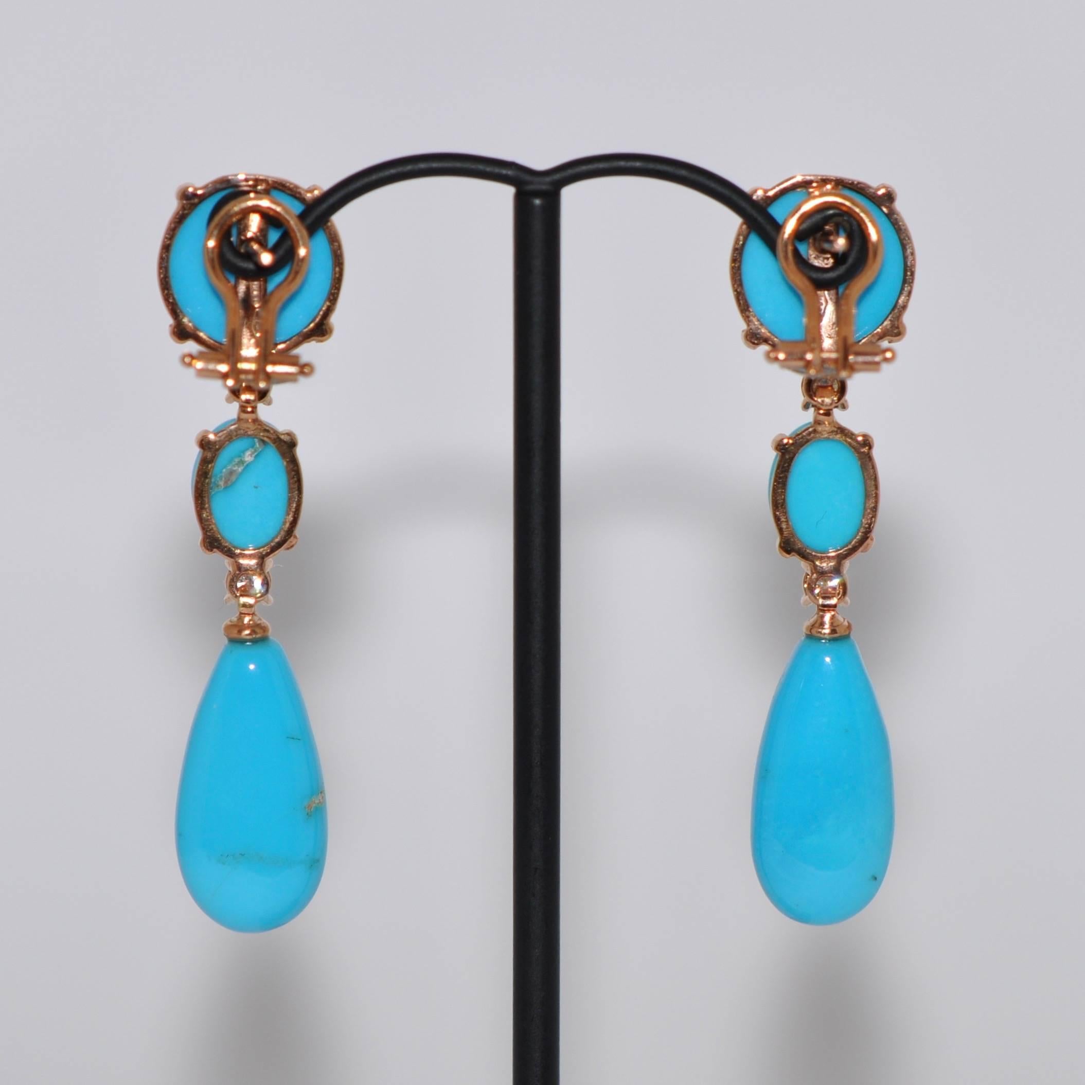 Turquoises and Diamonds Rose Gold Chandelier Earrings 1