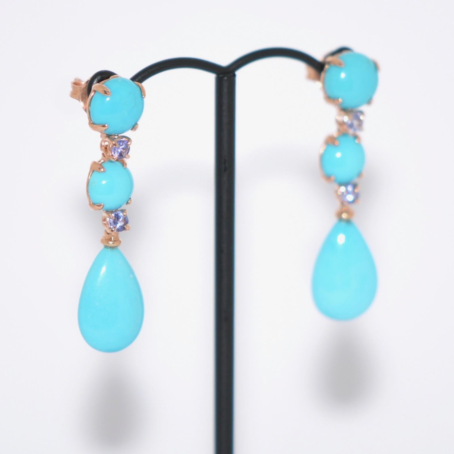 Turquoises and Tanzanites on Rose Gold 18 Karat Chandelier Earrings In New Condition In Vannes, FR