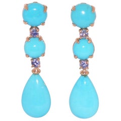 Turquoises and Tanzanites on Rose Gold 18 Karat Chandelier Earrings