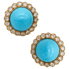 Clips d'oreilles classiques en or jaune 18 carats avec turquoises et diamants de 3,60 carats