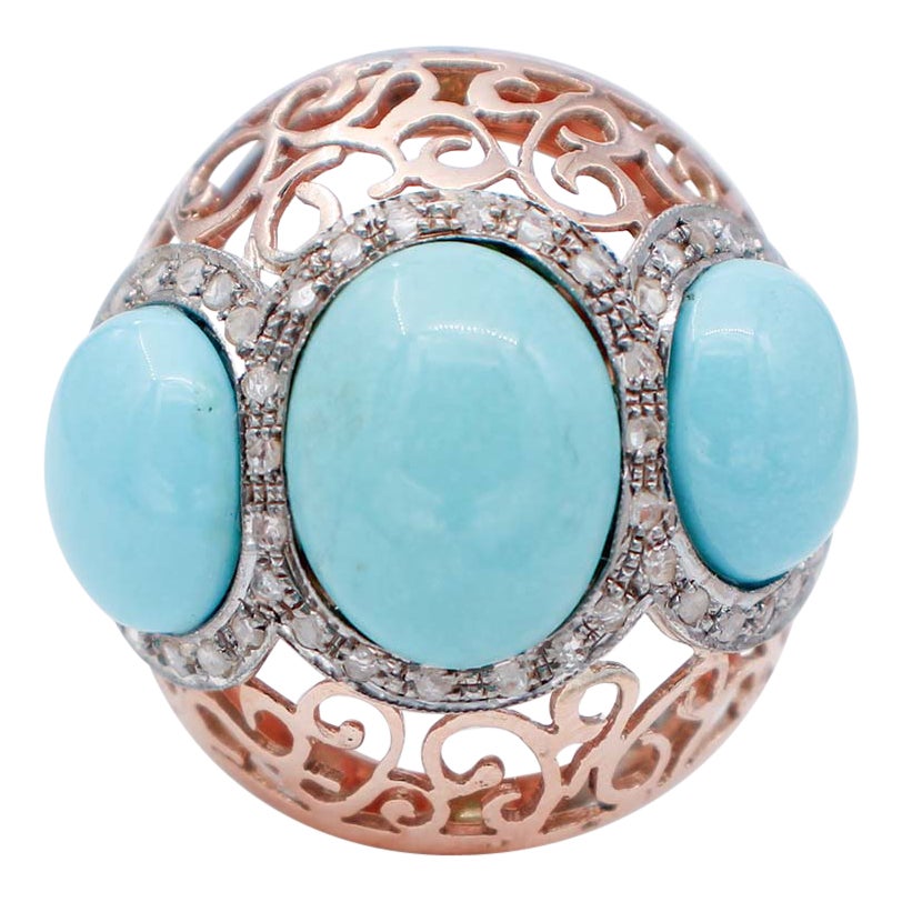 Anello Retrò con turchesi, diamanti, oro rosa 9 carati e argento