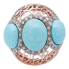 Anello Retrò con turchesi, diamanti, oro rosa 9 carati e argento