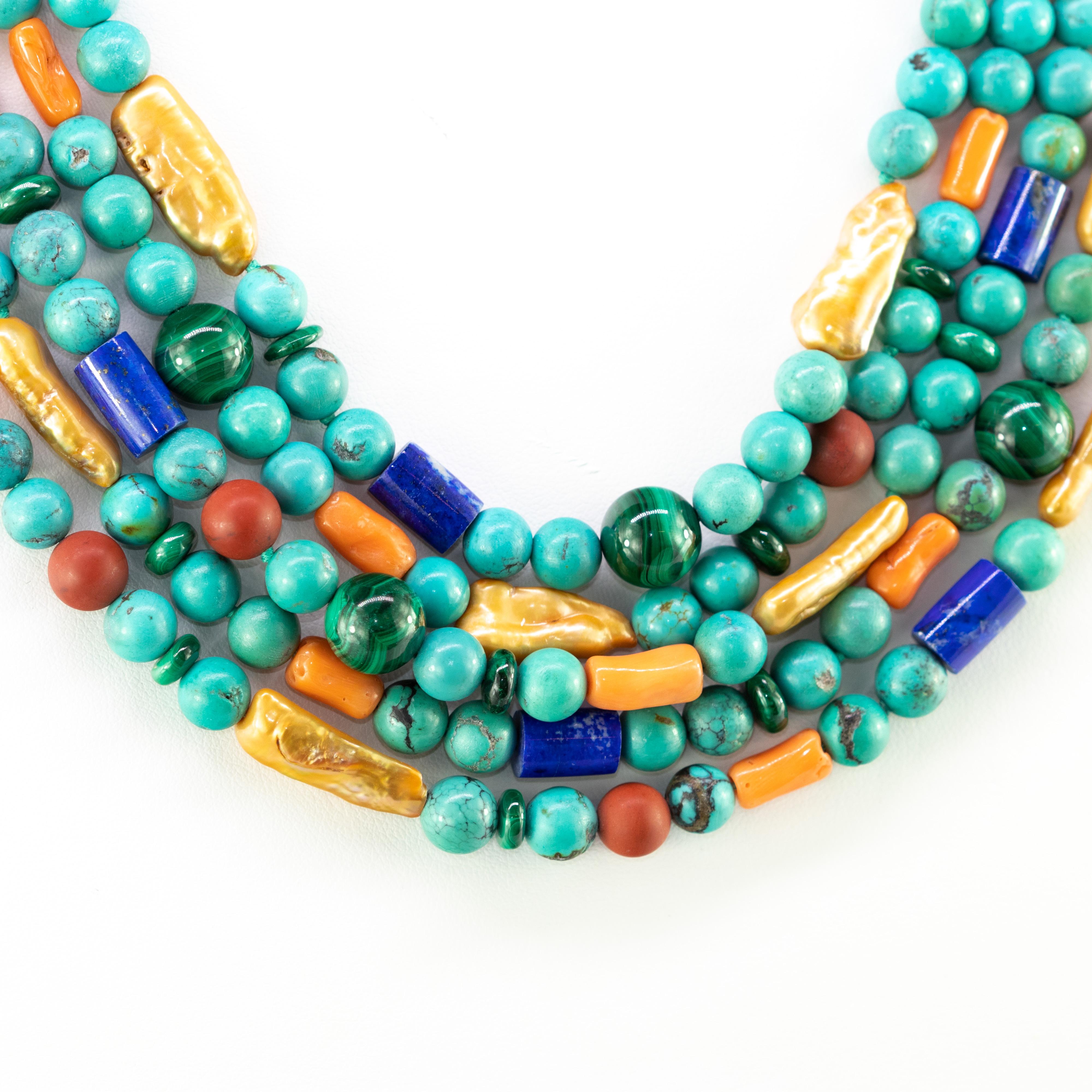 Mixed Cut Turquoise Lapis Lazuli Pearl Coral Malachite Carnelian Beaded Crafted Necklace For Sale
