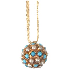 Turquoises, Pearls on a Vintage Pendant, 18 Carat Gold Long Necklace