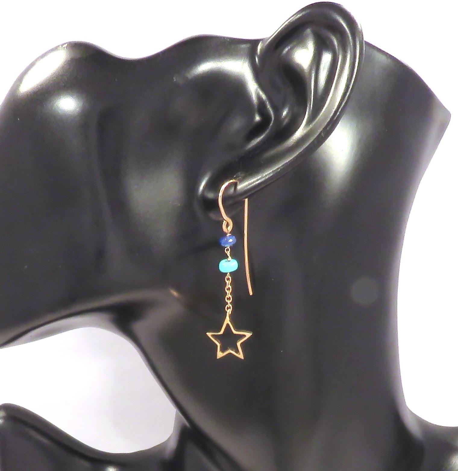 Contemporary Turquoises Sapphires 9 Karat Rose Gold Dangle Earrings Handcrafted in Italy For Sale