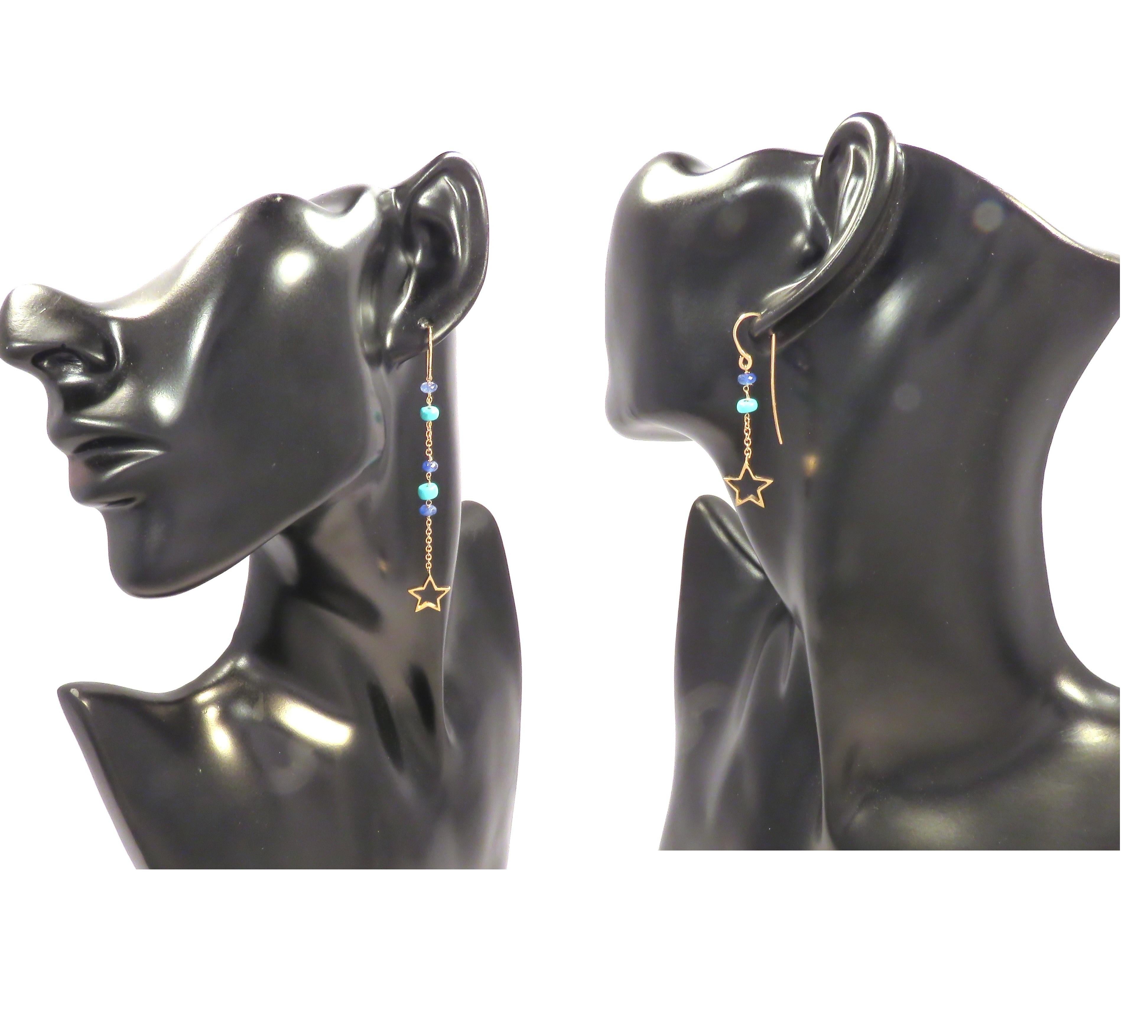 Ball Cut Turquoises Sapphires 9 Karat Rose Gold Dangle Earrings Handcrafted in Italy For Sale