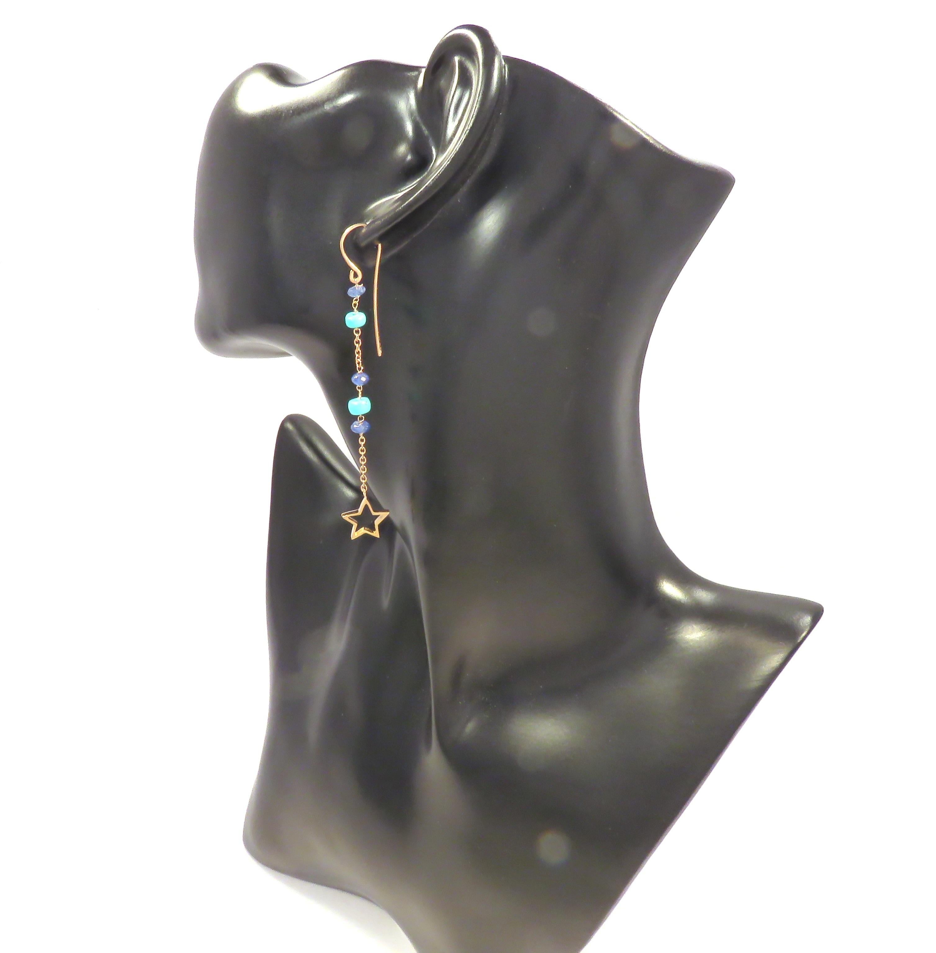 Turquoises Sapphires 9 Karat Rose Gold Dangle Earrings Handcrafted in Italy For Sale 1