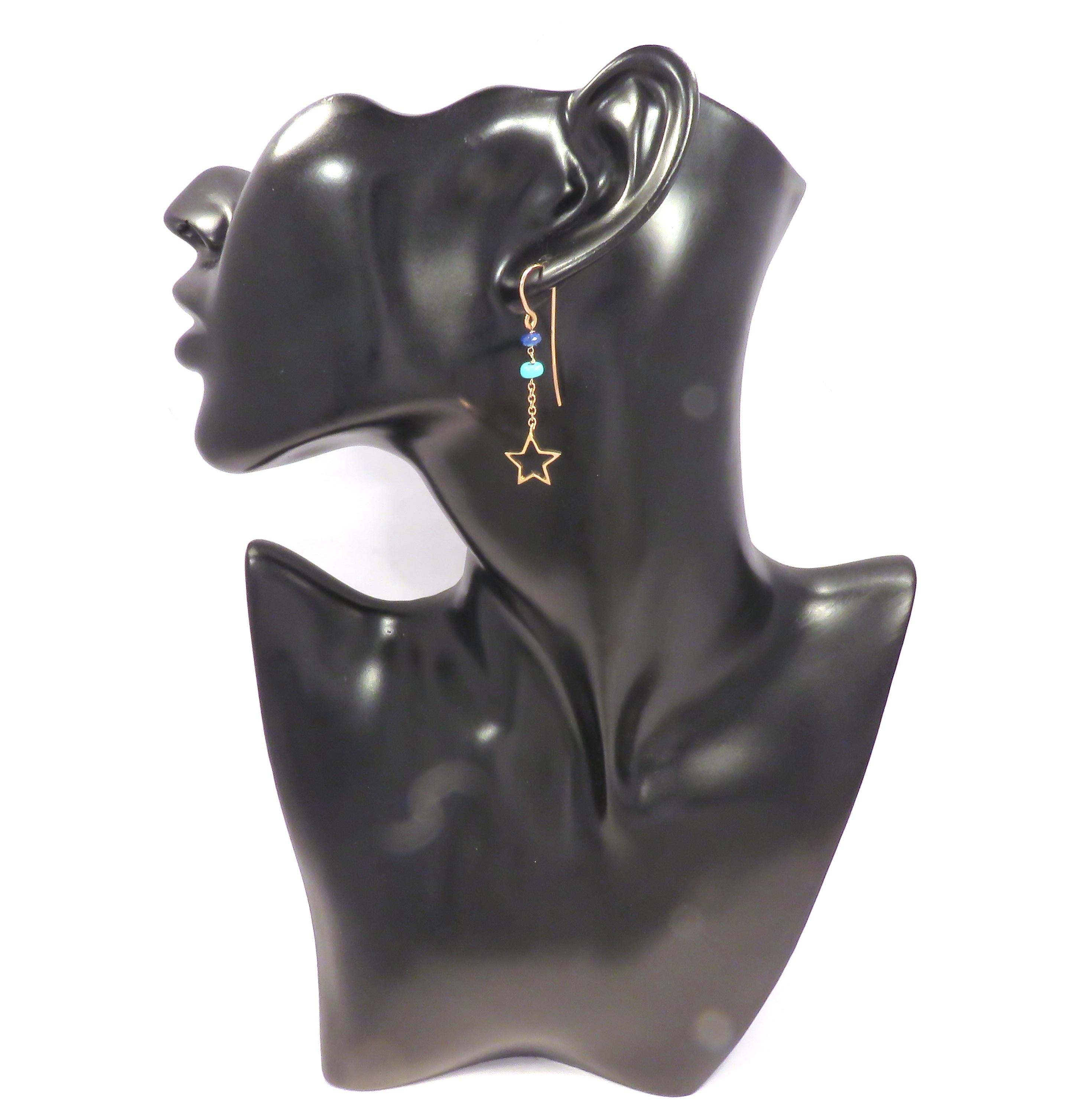 Turquoises Sapphires 9 Karat Rose Gold Dangle Earrings Handcrafted in Italy For Sale 2
