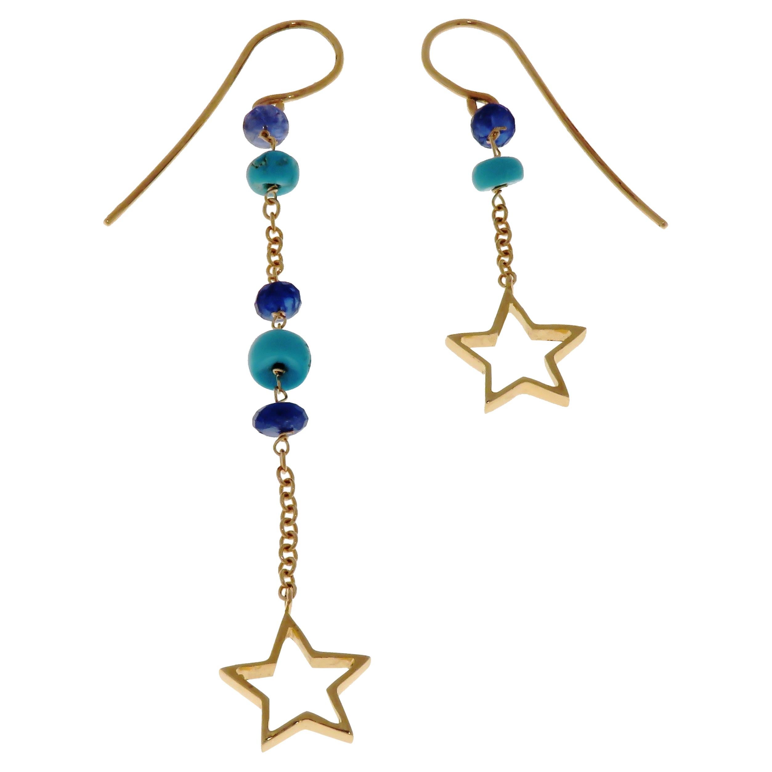 Turquoises Sapphires 9 Karat Rose Gold Dangle Earrings Handcrafted in Italy For Sale