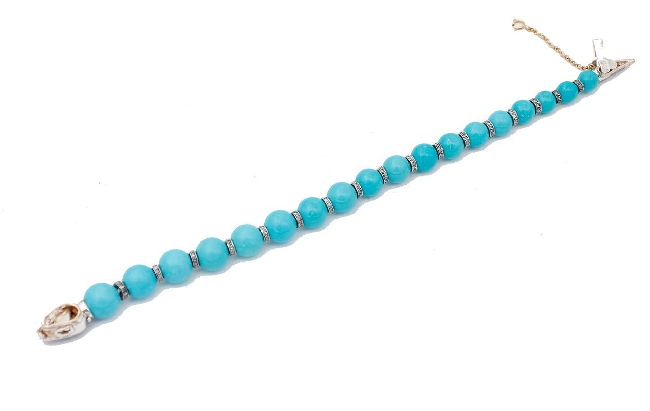 Retro Turquoise, Sapphires, Diamonds, 9Karat Rose Gold and Silver Snake Bracelet For Sale