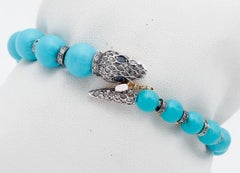 Turquoise, Sapphires, Diamonds, 9Karat Rose Gold and Silver Snake Bracelet