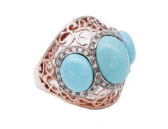 Turquoises, Diamonds, 9 Karat Rose Gold and Silver Retrò Ring