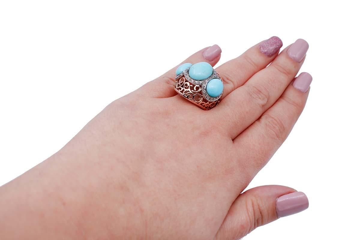 Mixed Cut Turquoises, Diamonds, 9 Karat Rose Gold and Silver Retrò Ring For Sale