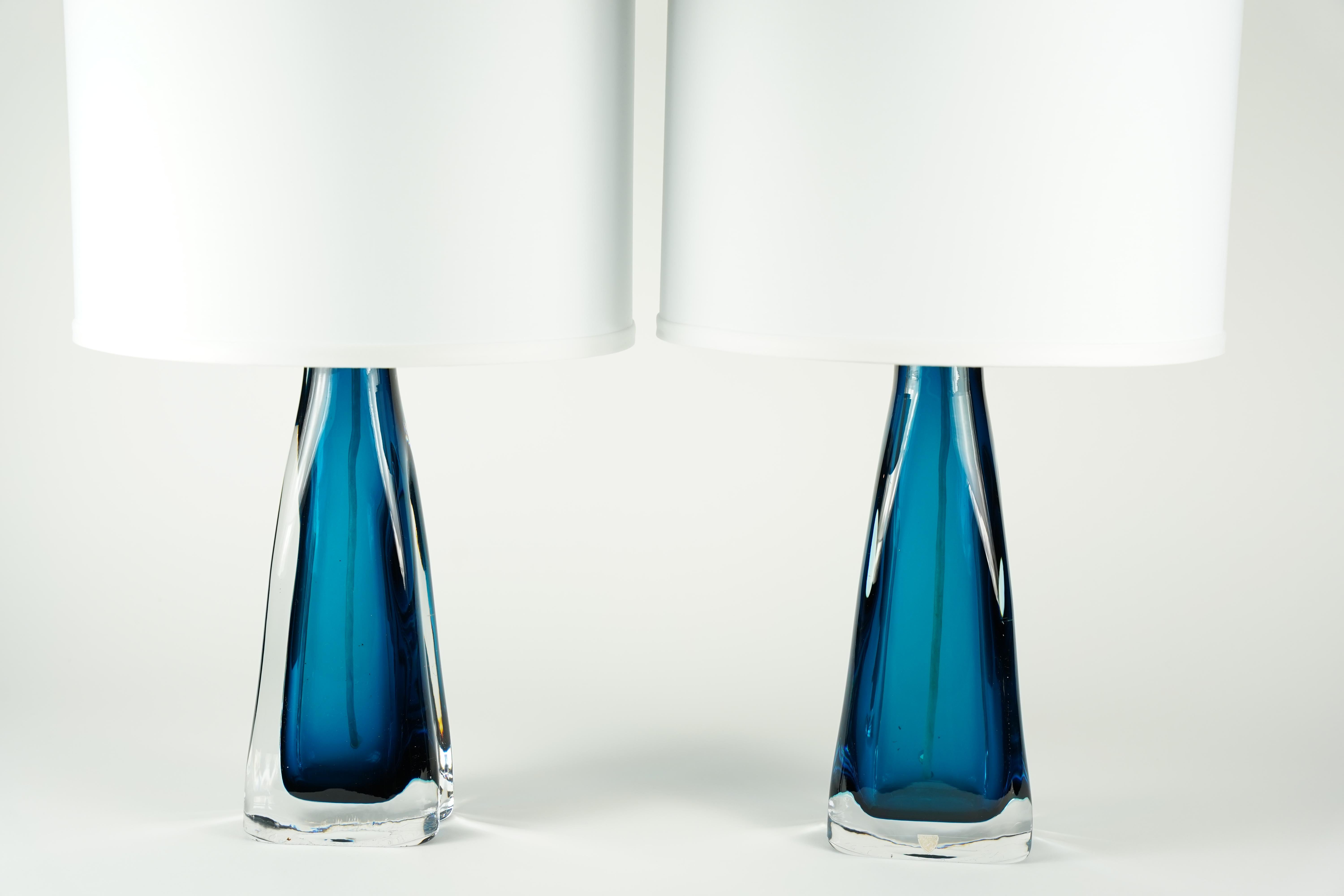 Brass Turquose Orrefors Glass Lamps, 1950, Sweden For Sale