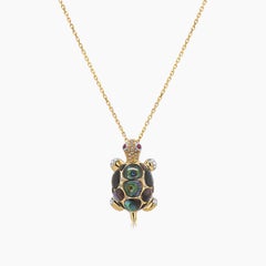 Turtle Abalone Shell & Diamond Ruby White Diamond 18K Gold Pendant Necklace