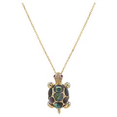 Turtle Abalone Shell & Diamond Ruby White Diamond 18K Gold Pendant Necklace