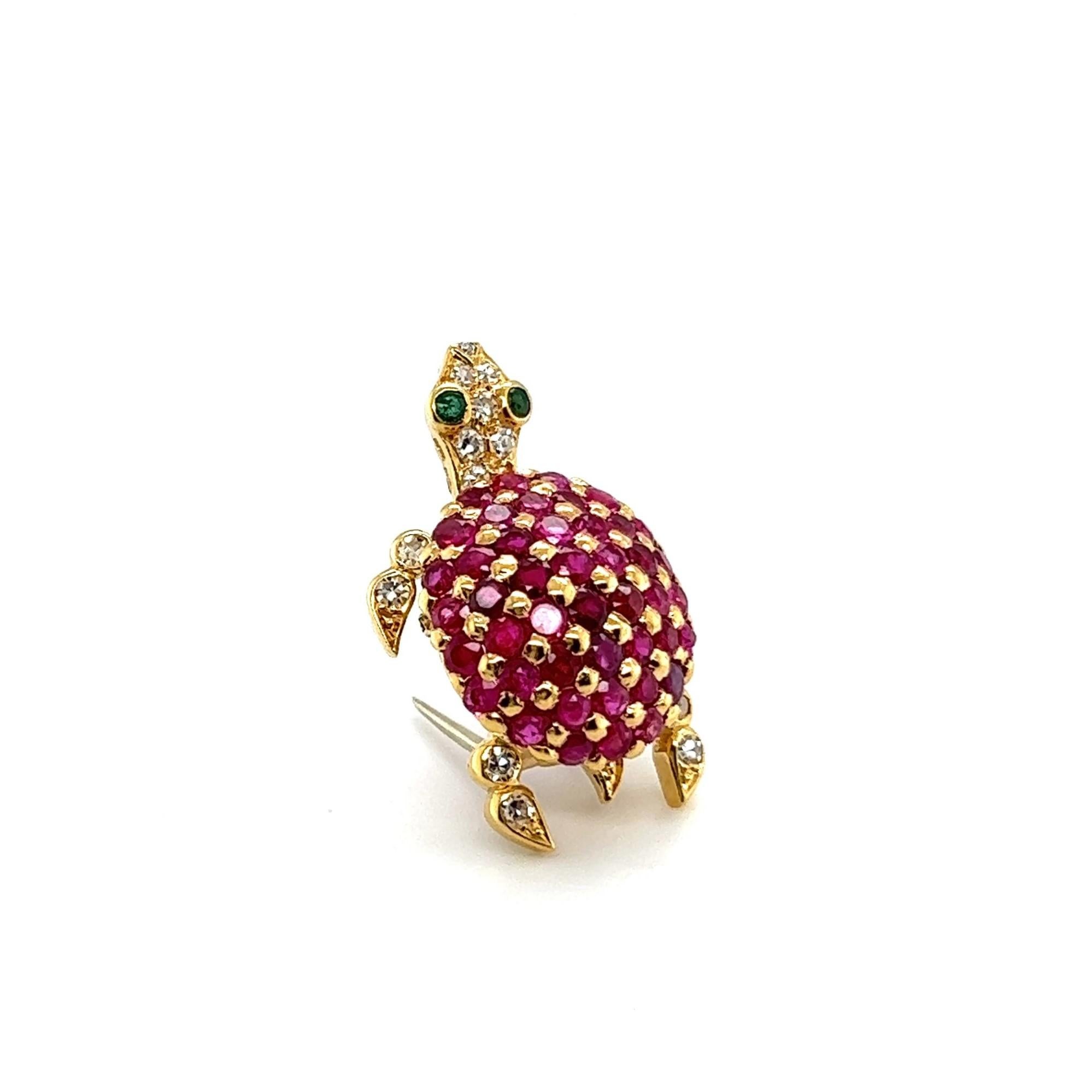 Artist Turtle Brooch with Rubies & Diamonds in 18 Karat Yellow Gold For Sale