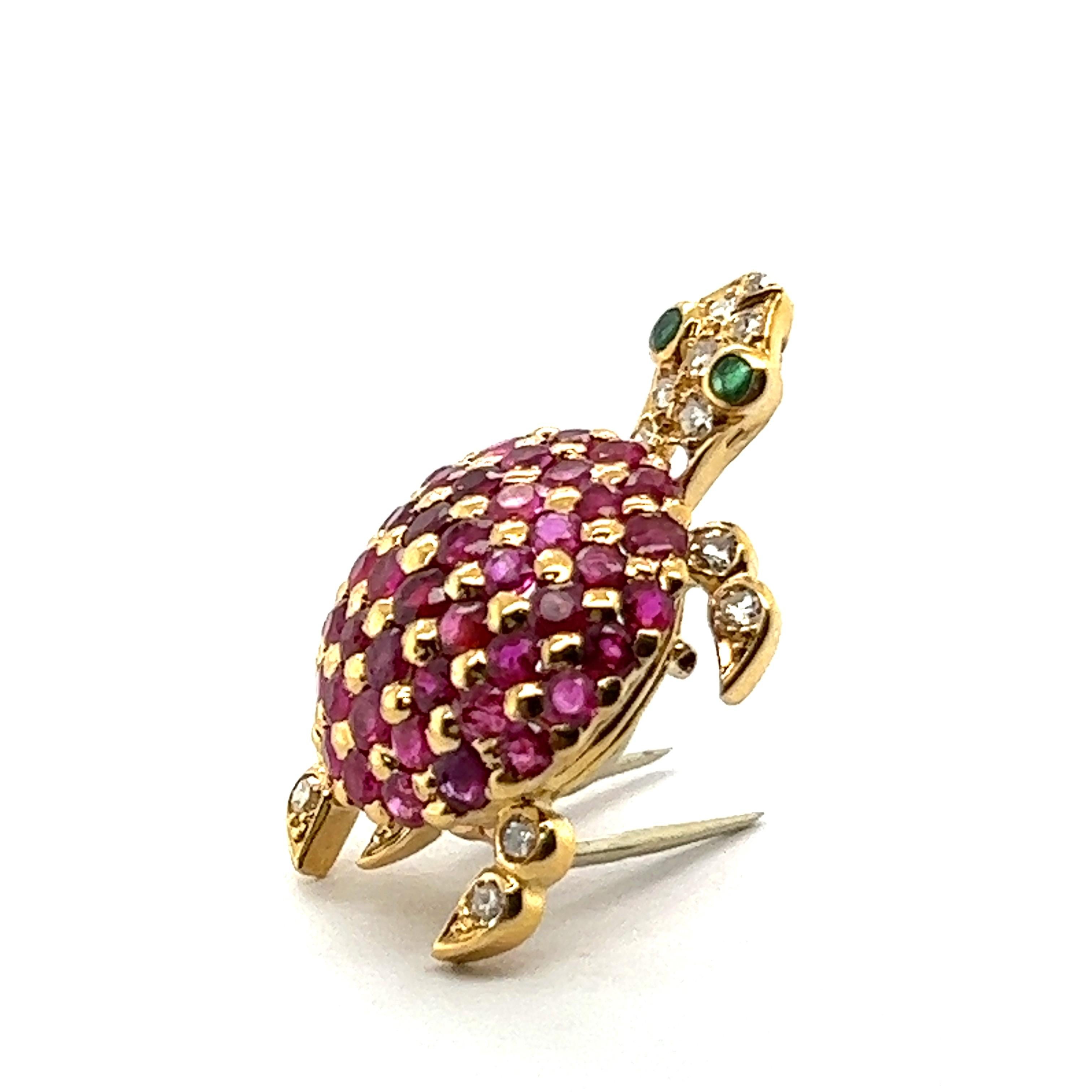 Women's or Men's Turtle Brooch with Rubies & Diamonds in 18 Karat Yellow Gold For Sale
