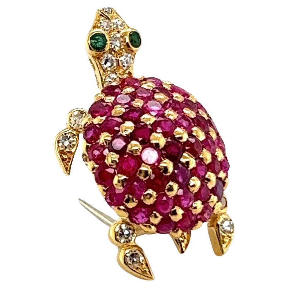 Turtle Brooch with Rubies & Diamonds in 18 Karat Yellow Gold For Sale