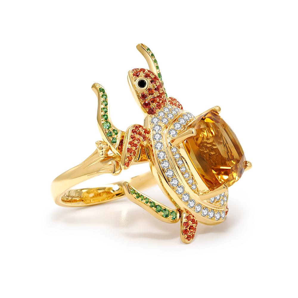 For Sale:  Turtle Cocktail Ring Made of Citrine, Orange Sapphires, Tsavorites and Diamonds 2