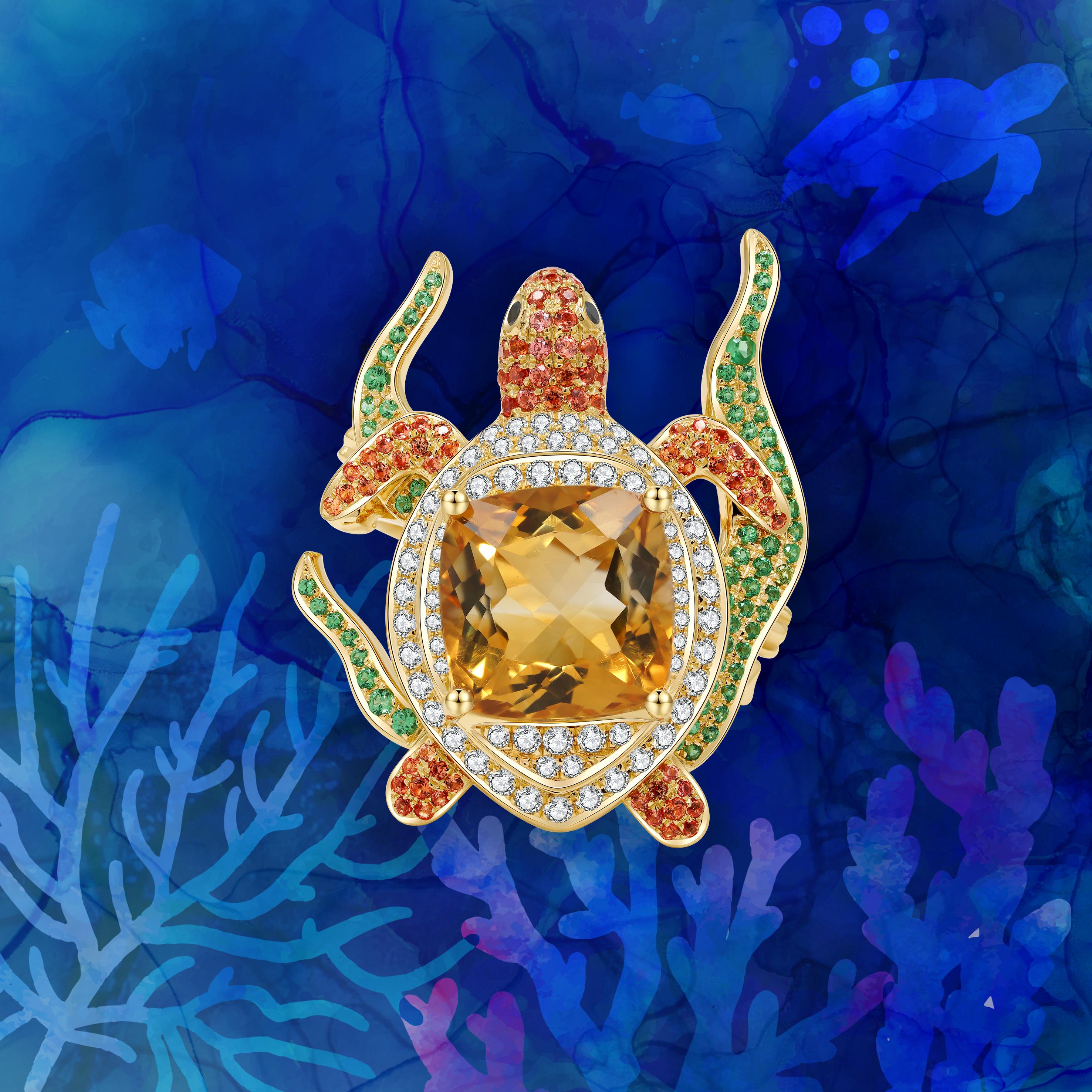 For Sale:  Turtle Cocktail Ring Made of Citrine, Orange Sapphires, Tsavorites and Diamonds 4