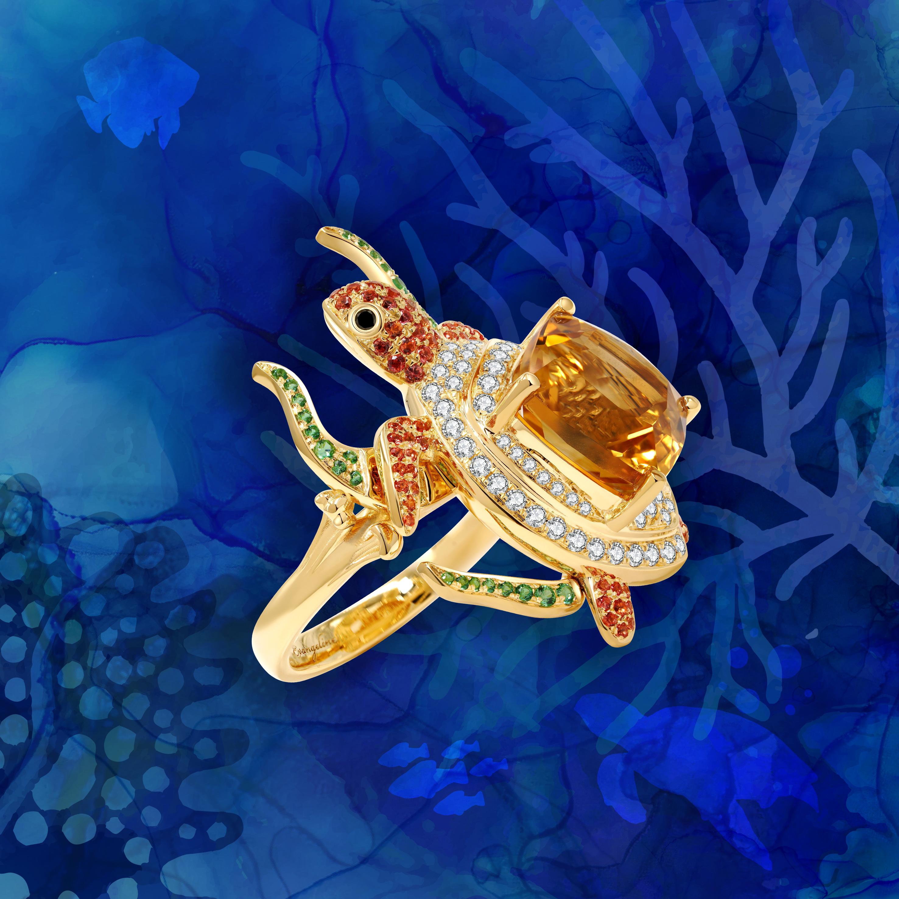 For Sale:  Turtle Cocktail Ring Made of Citrine, Orange Sapphires, Tsavorites and Diamonds 5