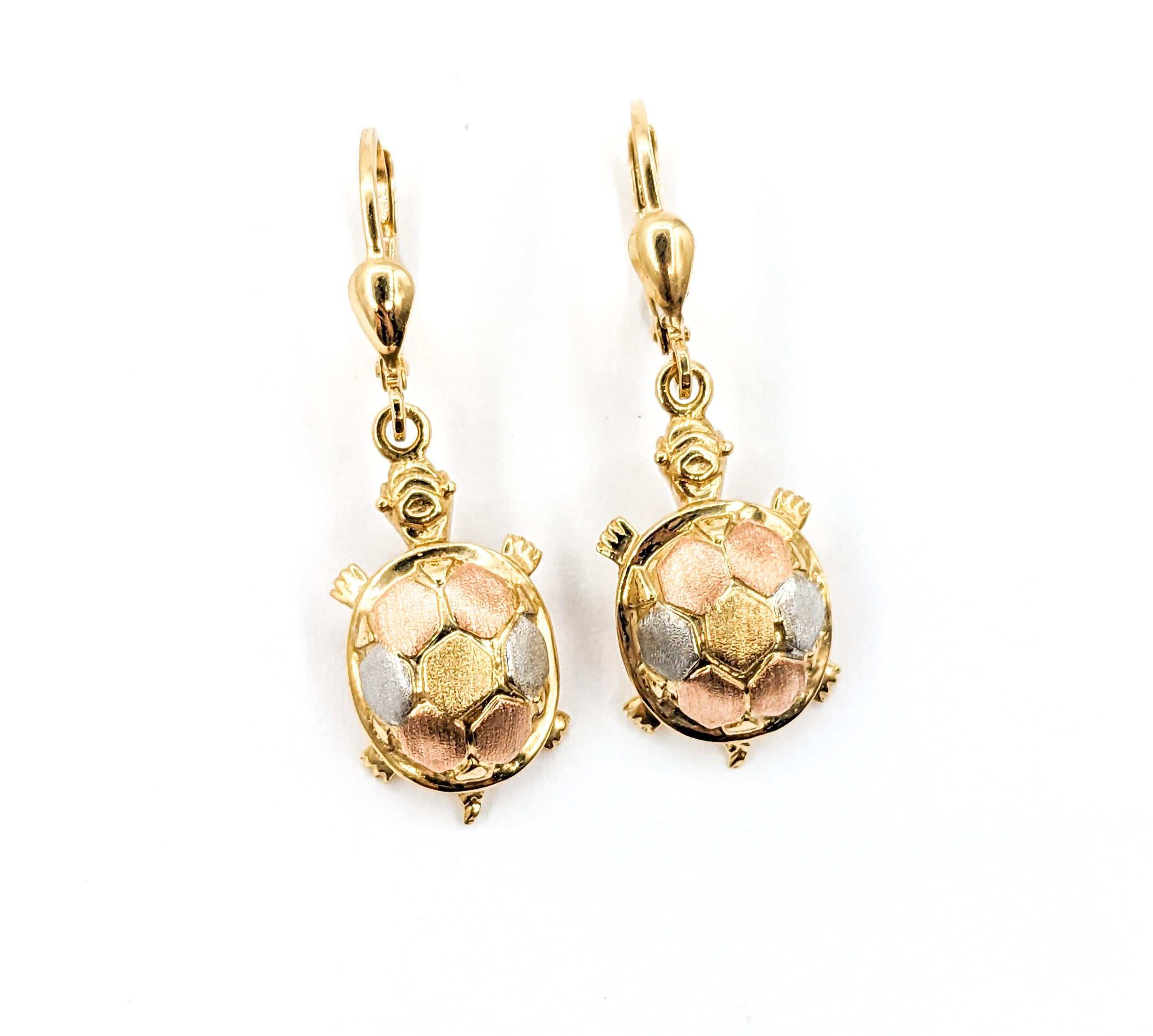 Women's or Men's Turtle Dangle Earrings in Tri-Color Gold For Sale