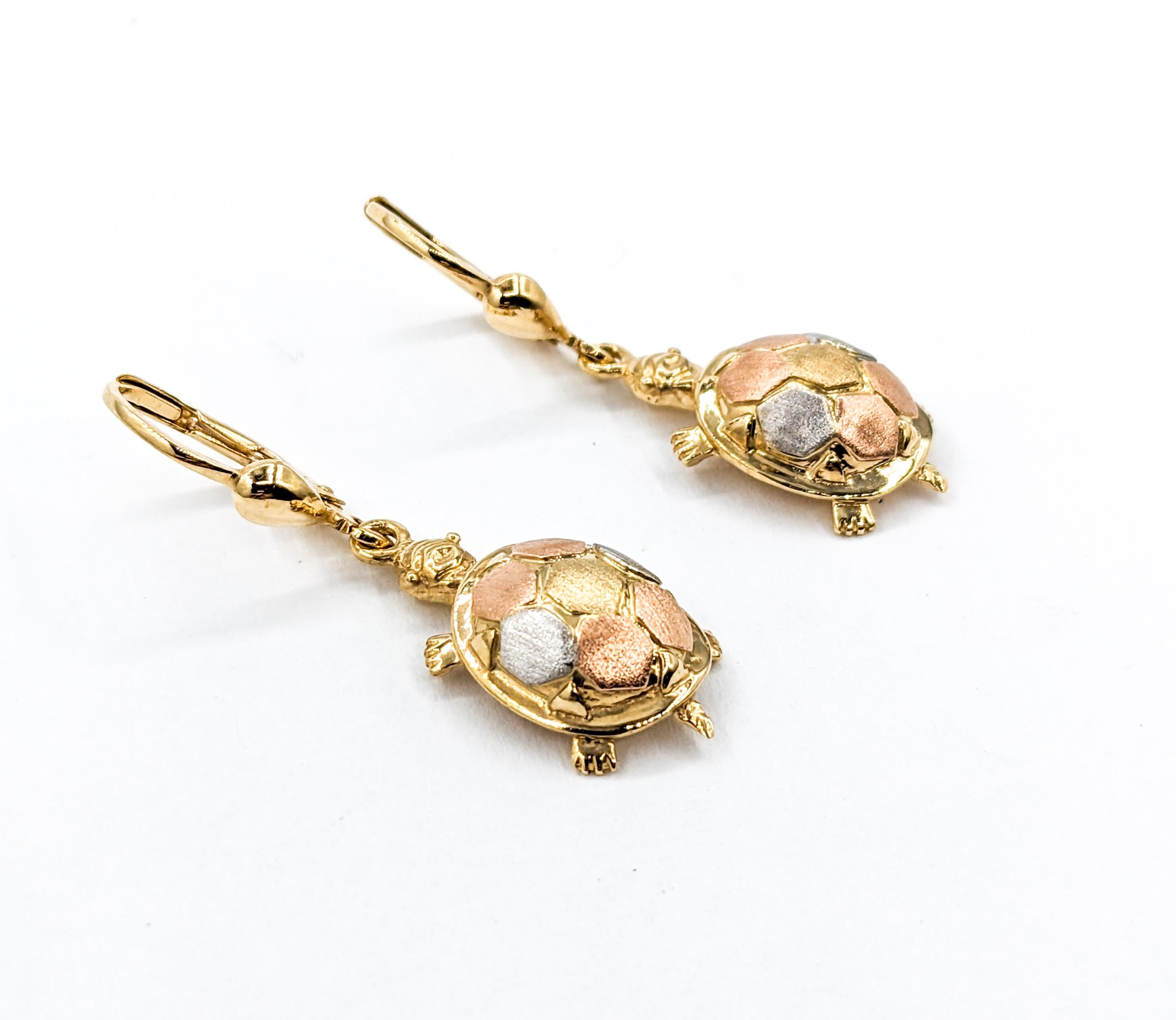 Turtle Dangle Earrings in Tri-Color Gold For Sale 3