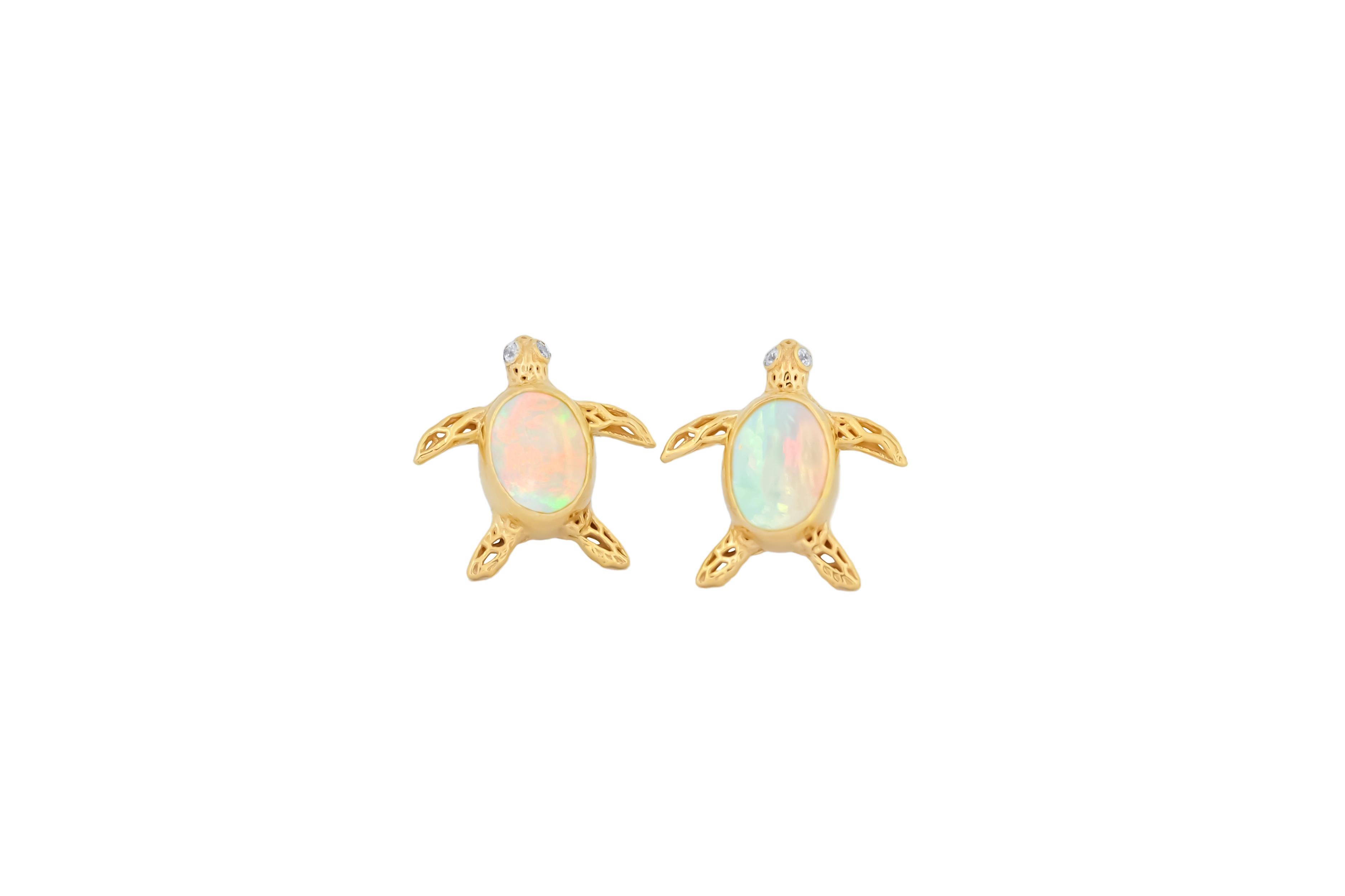 Cabochon Turtle earrings studs with opals in 14k gold. For Sale
