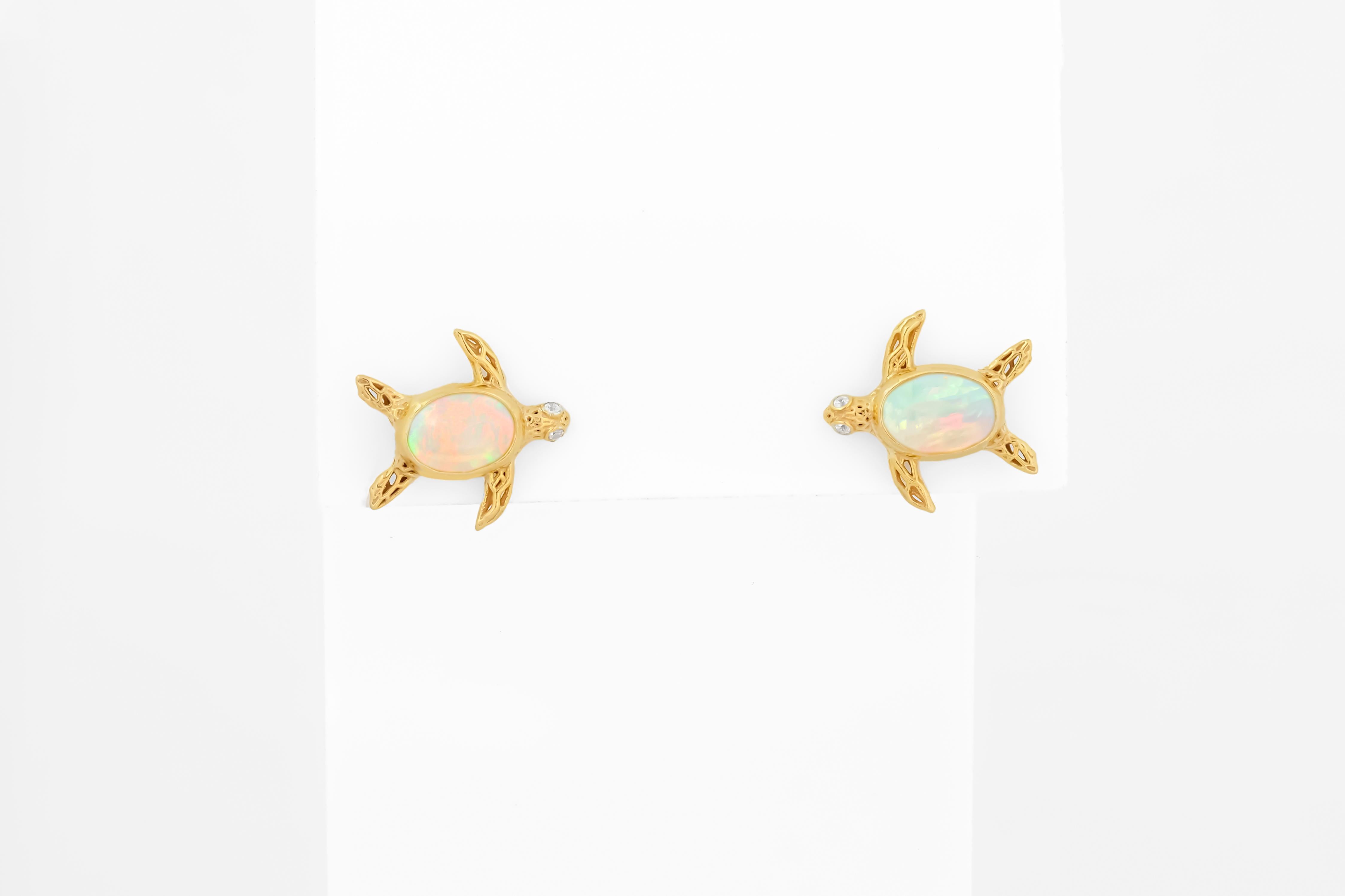 Women's Turtle earrings studs with opals in 14k gold. For Sale