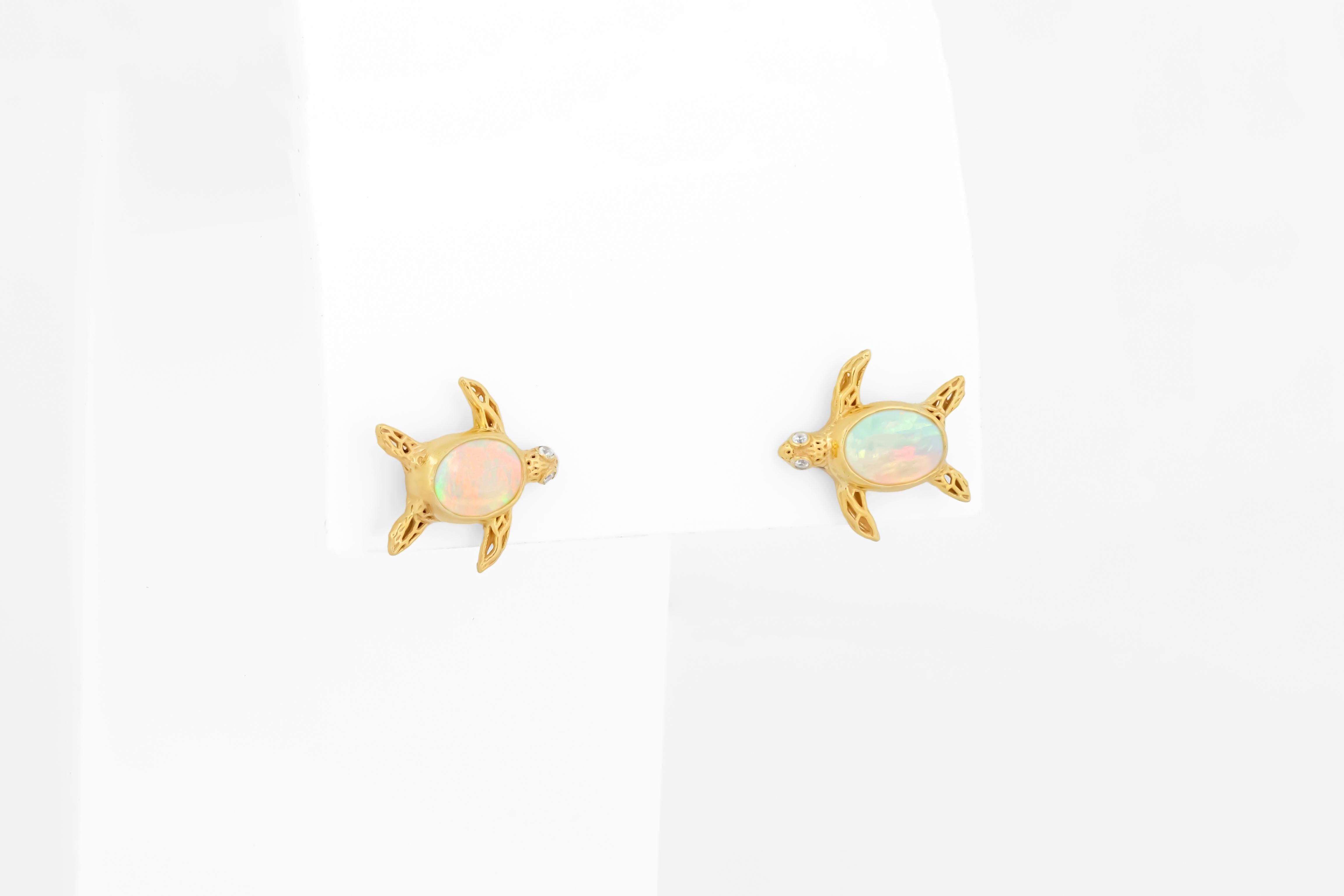 Turtle earrings studs with opals in 14k gold. 1