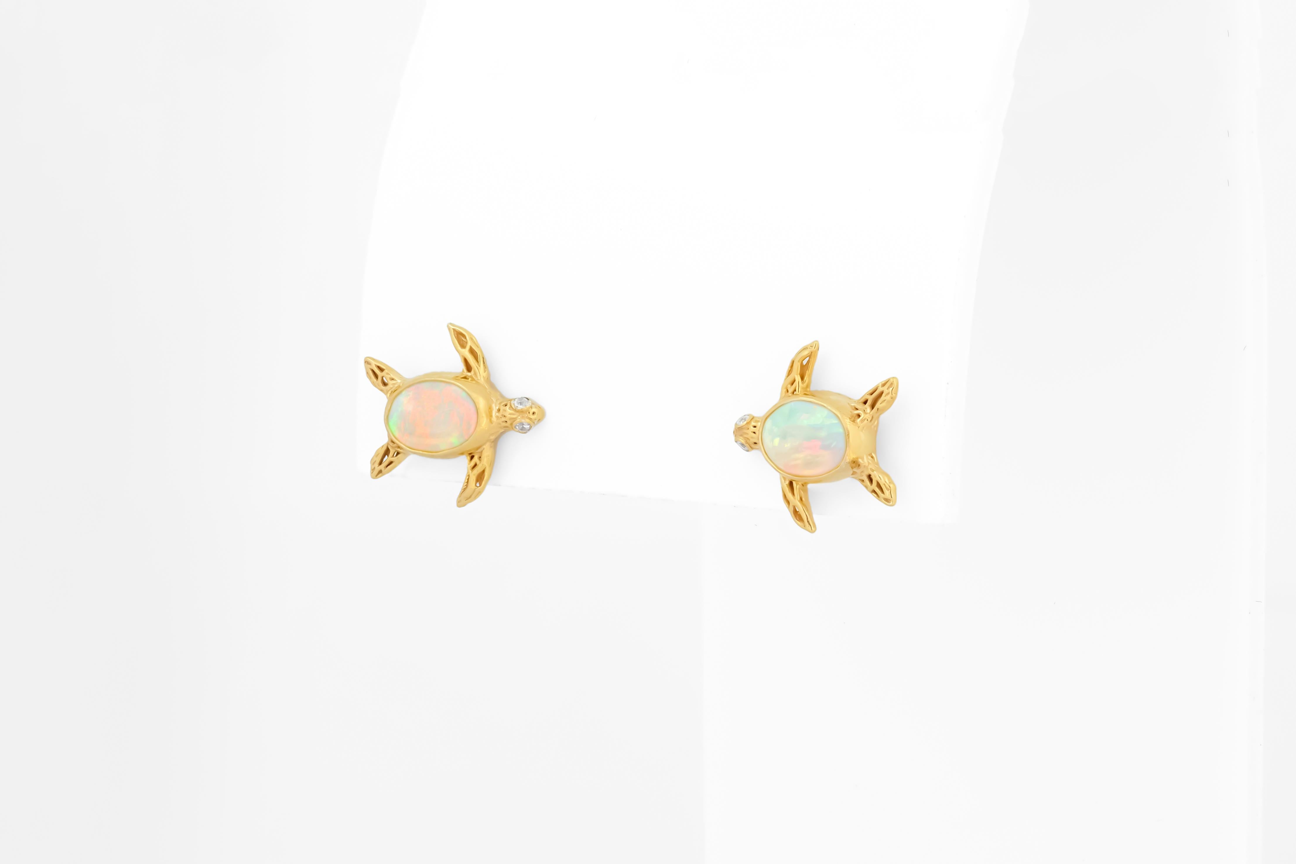 Turtle earrings studs with opals in 14k gold. 2