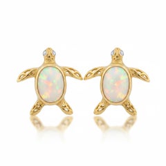Turtle earrings studs with opals in 14k gold