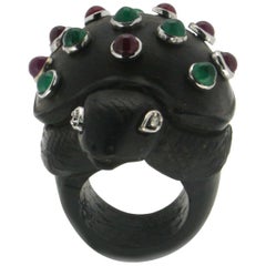 Turtle Ebony 18 Karat White Gold Diamonds Ruby and Emerald Cocktail Ring