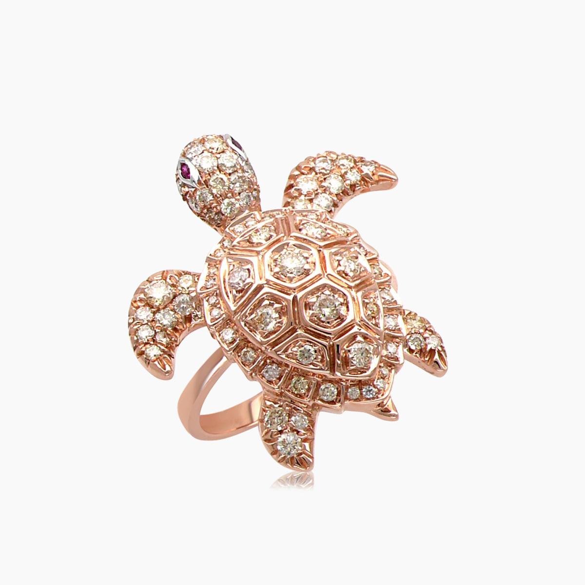 Schildkröte Fancy Diamant Rubin 18K Rose Gold Tier Ring (Gemischter Schliff) im Angebot