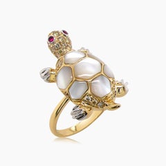Turtle Fancy Diamond Ruby & White Pearl 18K Rose Gold Animal Ring