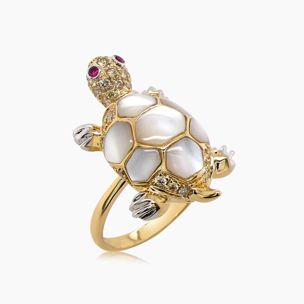 Turtle Fancy Diamond Ruby & White Pearl 18K Rose Gold Animal Ring In New Condition For Sale In Oakton, VA
