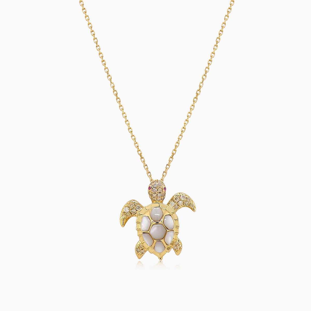 Turtle Fancy Diamond Ruby & White Pearl 18K Yellow Gold Pendant Necklace In New Condition For Sale In Oakton, VA