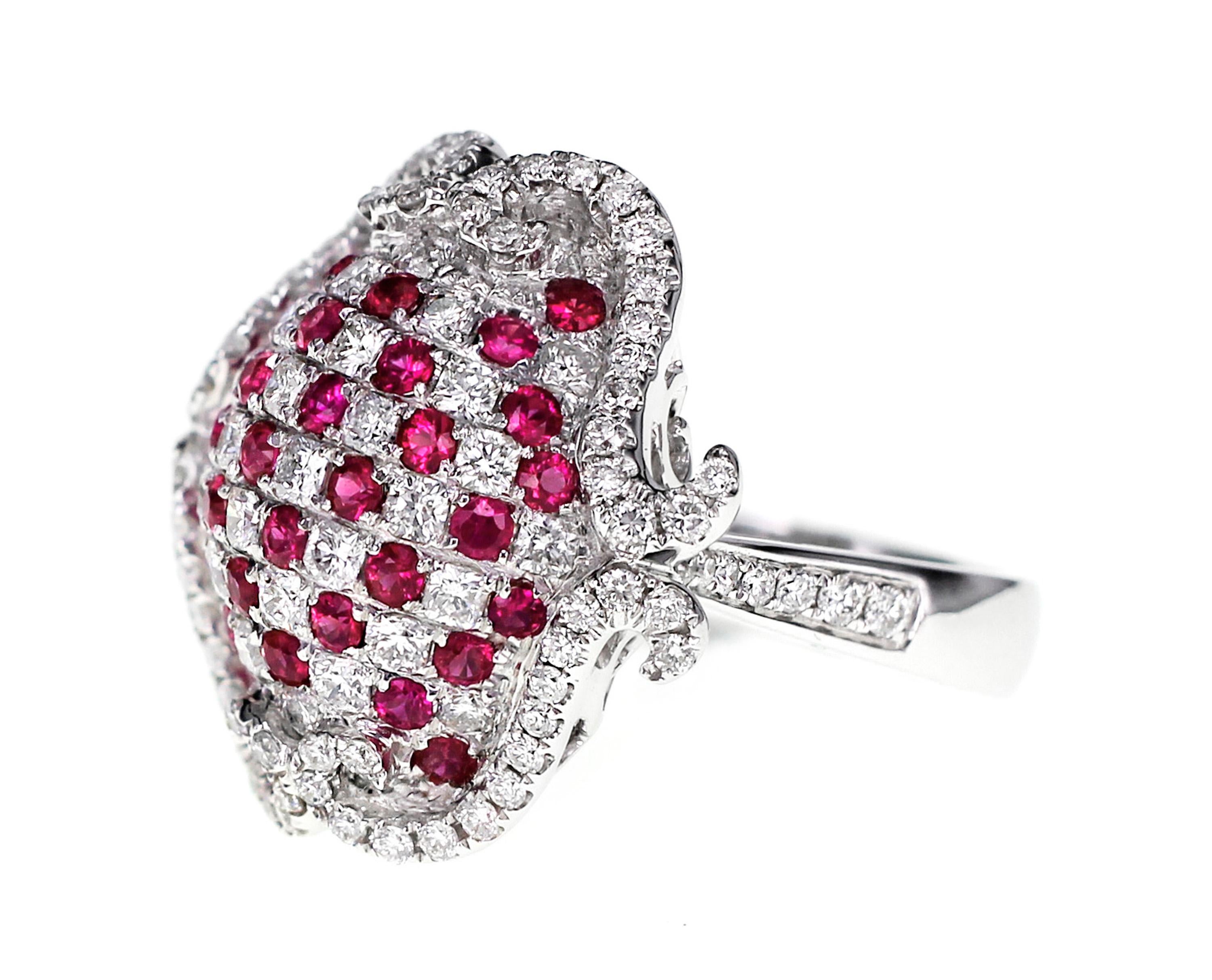 1.00 carat of vivid red ruby is set along with 1.5 carat of white brilliant round diamond in this turtle inspired cocktail ring.
Details of the ring are as follows:
Color: F
Clarity: Vs
Ring Size: US 6.5
The ring size can be changed on request.