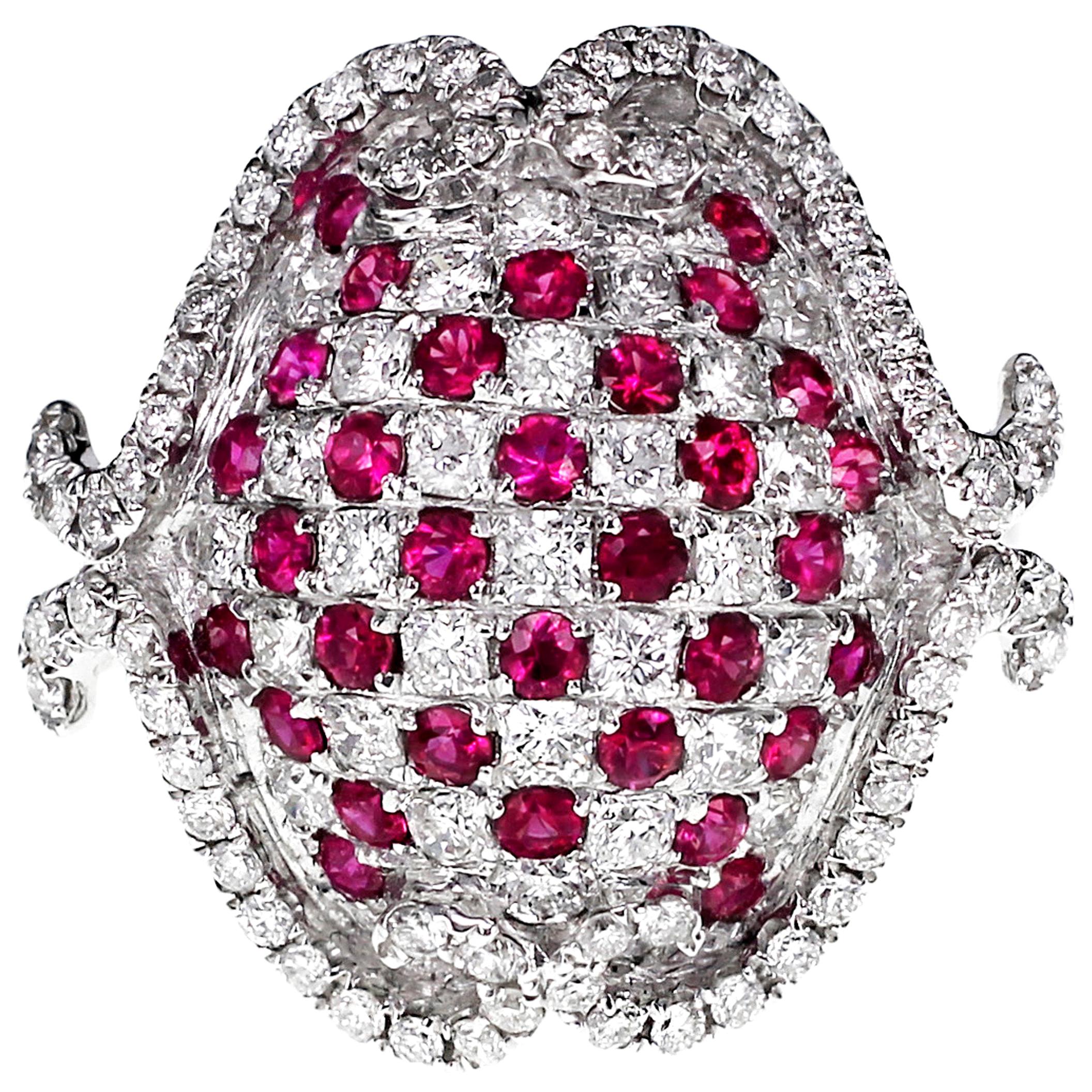 'Turtle' Inspired Vivid Red Ruby and White Diamond Ring For Sale