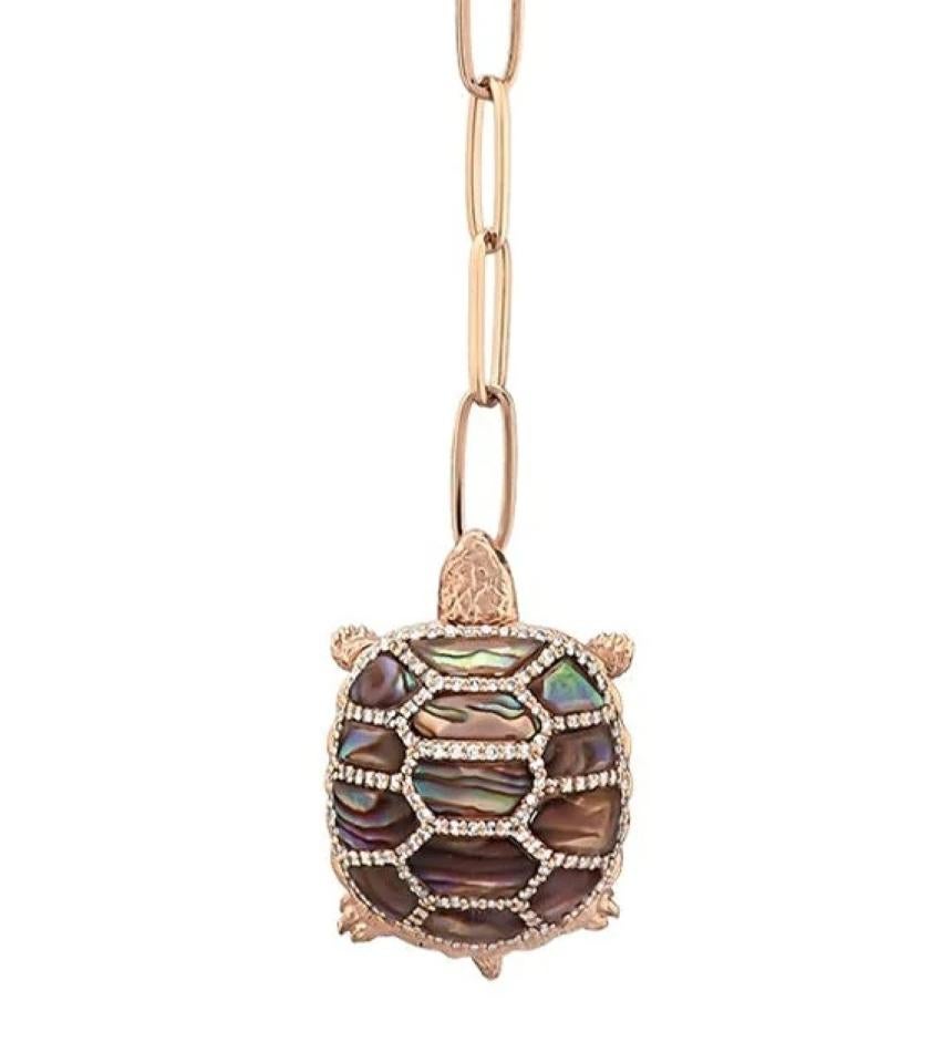 Ball Cut Turtle Light Pendant Necklace Gold/ Tsavorite/ White Diamond For Sale