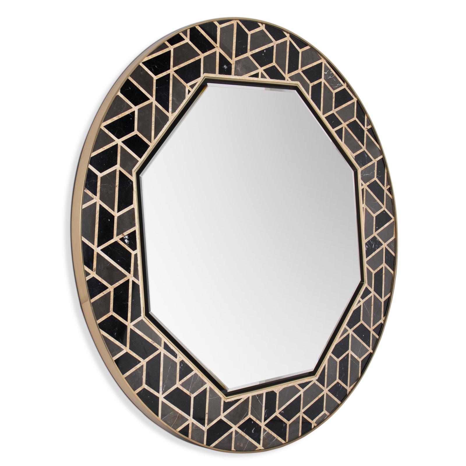Mirror Turtle with hexagonal frame made with
High Glossy lacquered blackened solid wood,
polished brass structure and marble pieces.
