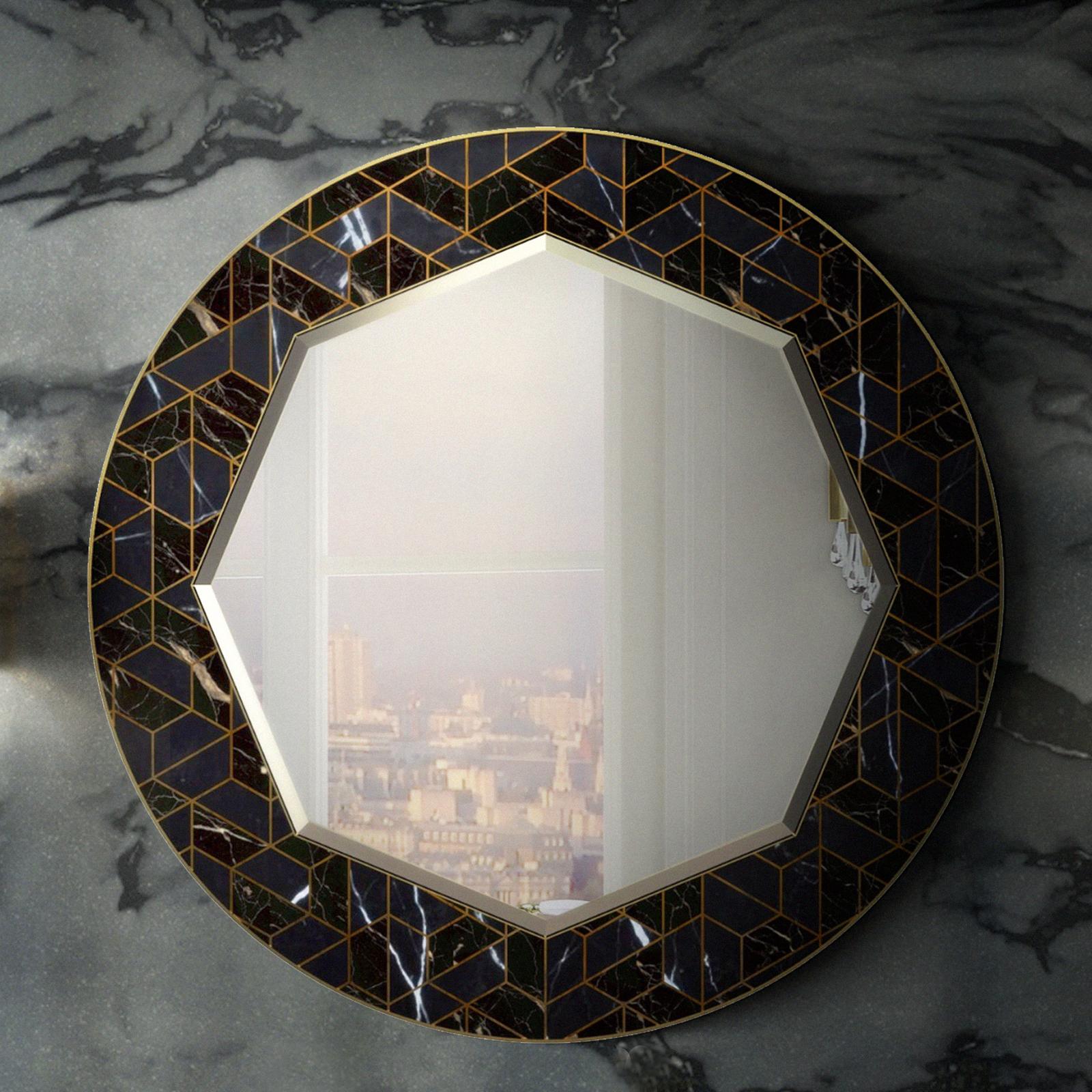 Brass Turtle Mirror with Marble and Solid Wood