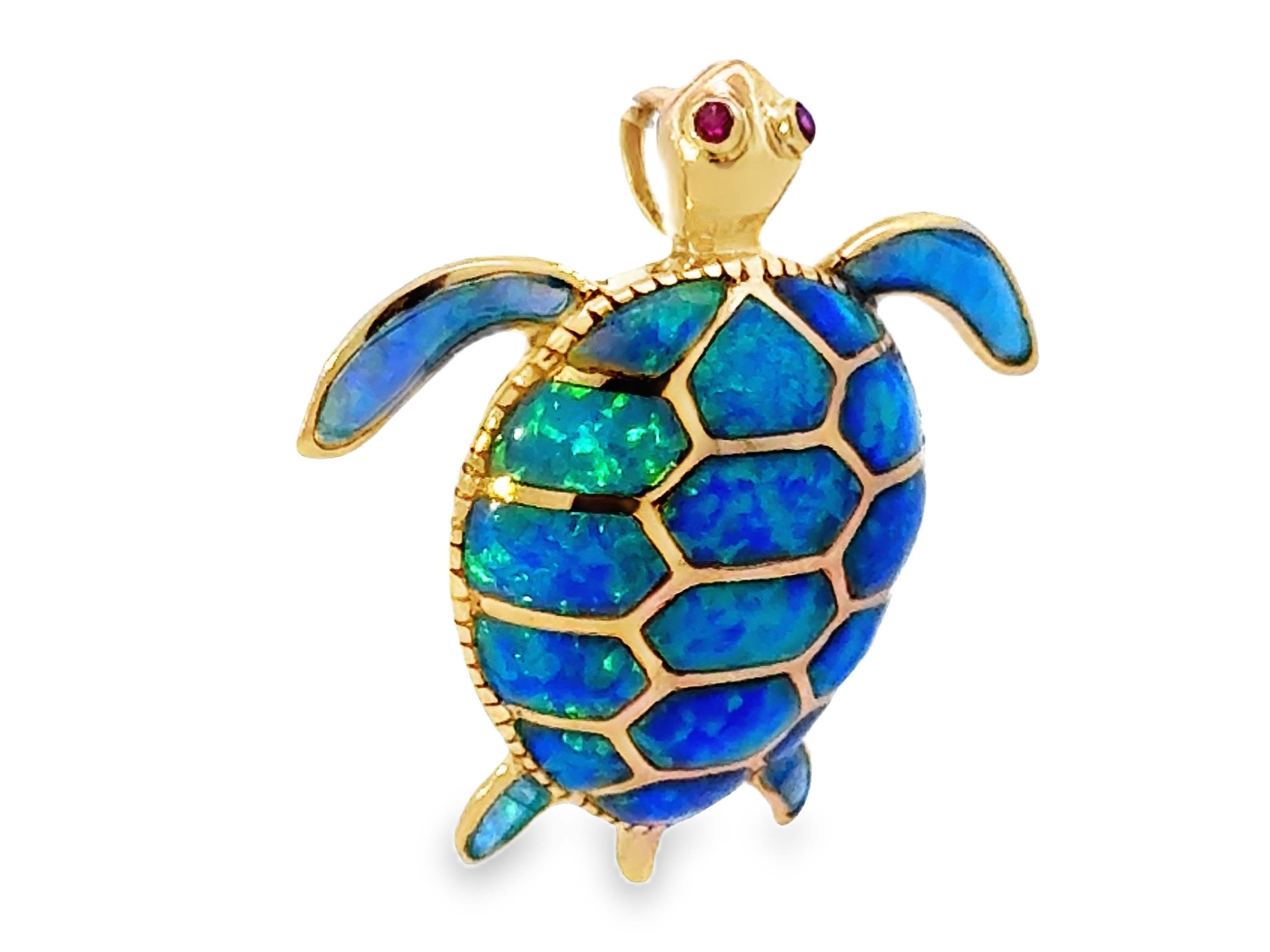Turtle Opal Intarsien Rubin Augen Anhänger 14k Gelbgold (Rundschliff)