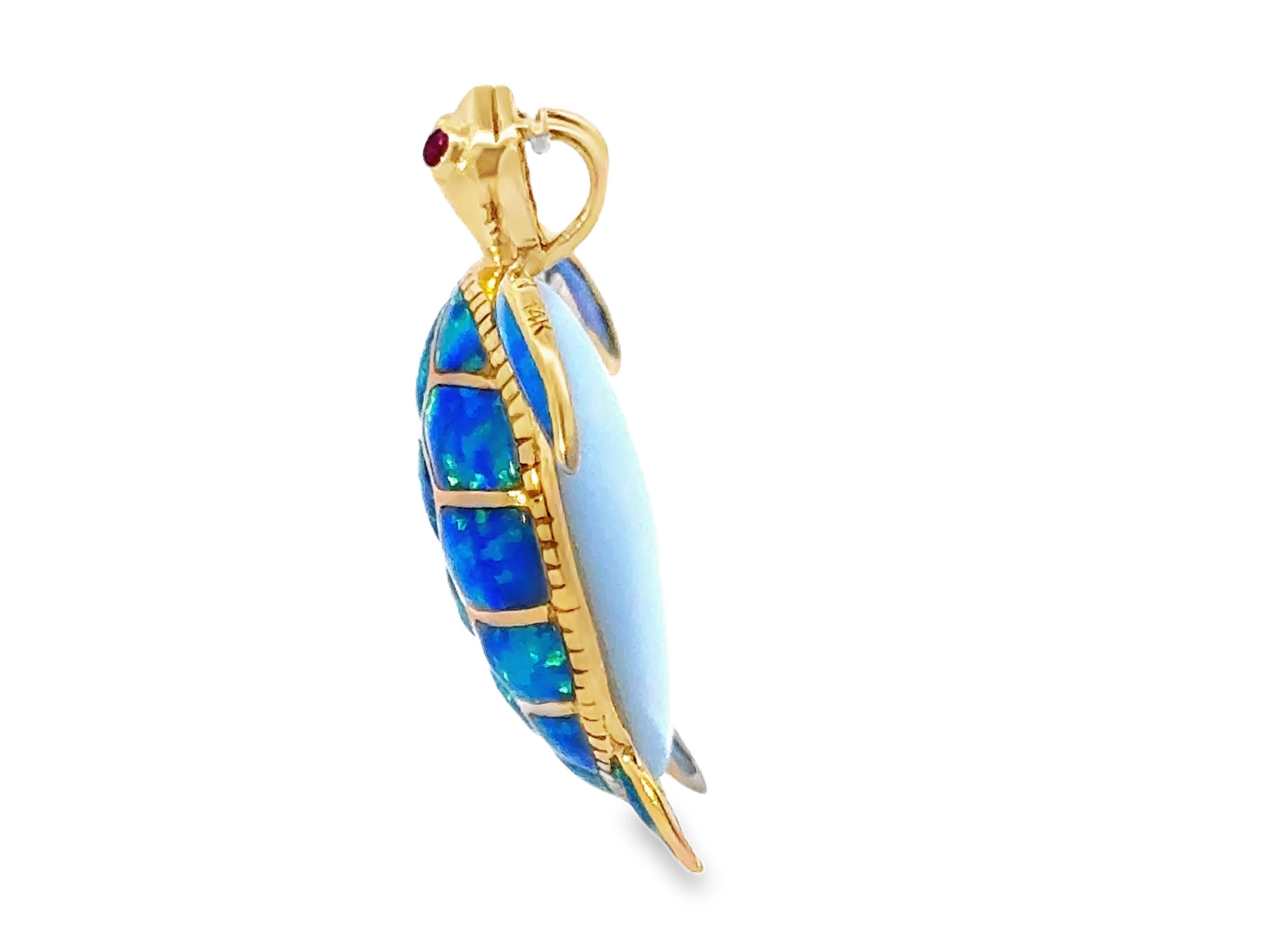 Turtle Opal Intarsien Rubin Augen Anhänger 14k Gelbgold Damen