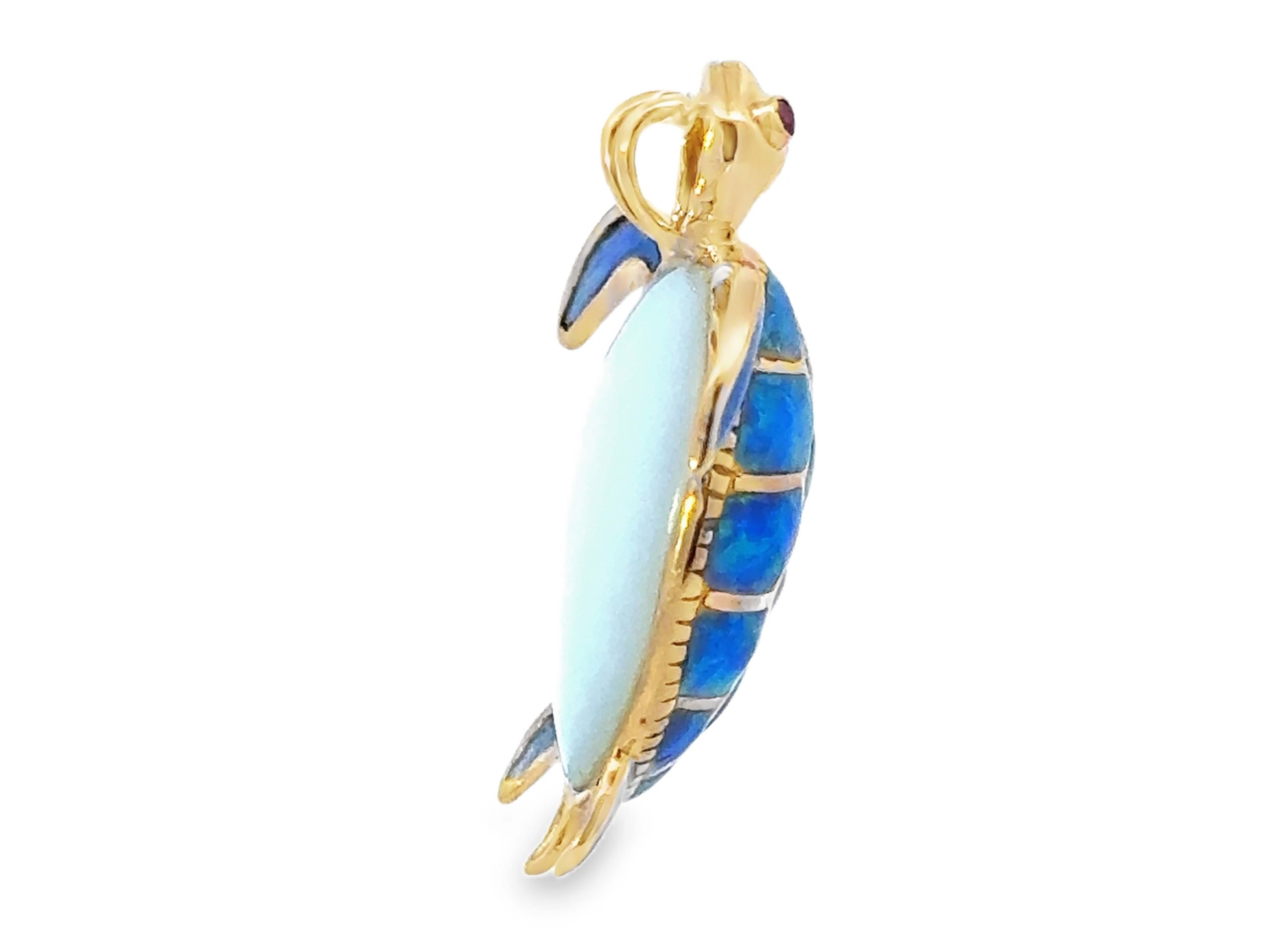 Turtle Opal Intarsien Rubin Augen Anhänger 14k Gelbgold 2