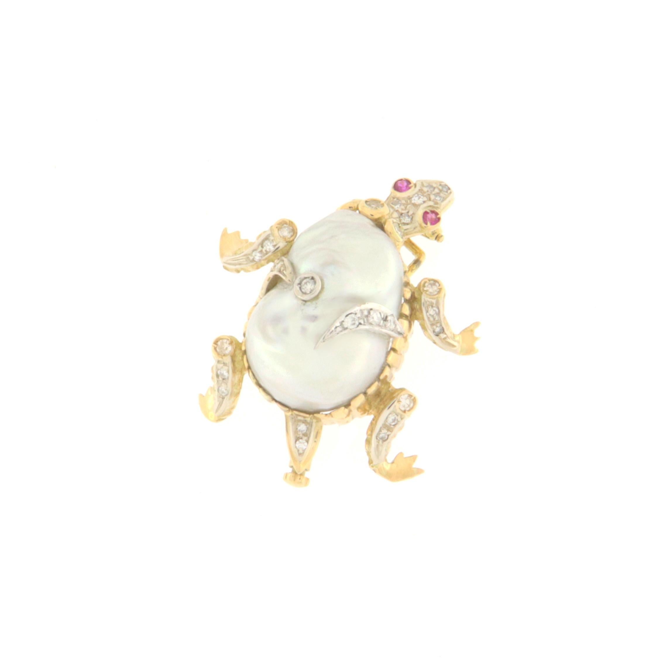 Artisan Turtle Pearl Diamonds Ruby 18 Karat Yellow Gold Brooch For Sale
